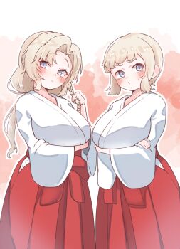 2girls 702_(naotsu) ? arm_under_breasts blonde_hair braid breasts commentary_request crossed_arms eidsvold_(kancolle) eidsvold_(miko)_(kancolle) fang grey_eyes hakama hands_on_own_hips highres japanese_clothes kantai_collection kimono large_breasts long_hair looking_at_viewer low_ponytail multiple_girls norge_(kancolle) norge_(miko)_(kancolle) ponytail red_hakama short_hair single_braid skin_fang translation_request twitter_username wavy_mouth white_kimono