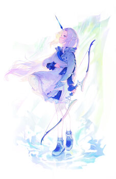 1girl absurdres blonde_hair blue_eyes bow_(weapon) commentary english_commentary expressionless fingernails full_body highres holding holding_bow_(weapon) holding_weapon horns long_hair long_sleeves looking_up ohoo_7am original shoes single_horn solo standing weapon