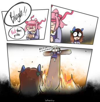 &gt;_&lt; 3girls animal_ears bow brown_hair bulging_eyes burger burning_at_the_stake closed_eyes cross crucifixion ear_bow ear_covers ear_ribbon eating english_text fire flower food green_bow grey_hair hair_between_eyes hair_flower hair_ornament hairband hairclip haru_urara_(umamusume) headband highres holding holding_burger holding_food horse_ears horse_girl horse_tail king_halo_(umamusume) long_hair long_sleeves multiple_girls open_mouth outstretched_arms pink_hair pink_headband ponytail profanity purple_sailor_collar purple_serafuku purple_shirt purple_skirt red_headband restrained sailor_collar sailor_shirt school_uniform seiun_sky_(umamusume) separated_arms serafuku shaded_face shirt short_hair single_ear_cover skirt speech_bubble spread_arms sunflower sunflower_hair_ornament tail tears tracen_school_uniform umamusume white_bow whooie