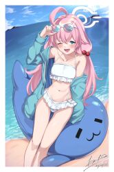 Rule 34 | 1girl, blue archive, blue sky, breasts, character request, dated, esto 0079, ocean, one eye closed, pink hair, sand, signature, sky, small breasts, sunglasses, swimsuit, tagme