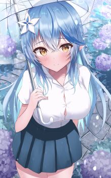 1girl absurdres blue_hair blue_skirt blush breasts cleavage closed_mouth collared_shirt commentary_request elf flower hair_between_eyes hair_flower hair_ornament highres holding holding_umbrella hololive large_breasts long_hair looking_at_viewer onabe_no_shime pleated_skirt pointy_ears rain shirt short_sleeves skirt smile solo transparent transparent_umbrella umbrella very_long_hair white_flower white_shirt yellow_eyes yukihana_lamy