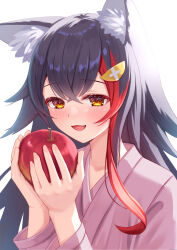 Rule 34 | 1girl, animal ears, blush, commentary request, food, fruit, highres, holding, holding food, holding fruit, hololive, japanese clothes, kimono, long sleeves, looking at viewer, multicolored hair, ookami mio, open mouth, pink kimono, red hair, sidelocks, simple background, smile, solo, streaked hair, togemaru34, upper body, virtual youtuber, white background, wolf ears, yellow eyes, yukata