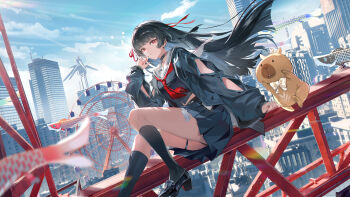 1girl arm_cutout black_choker black_hair black_jacket black_serafuku black_shirt black_shoes black_skirt black_socks blue_sky chisa_(wuthering_waves) choker city clothing_cutout day ferris_wheel hand_up high_up highres jacket kuuus loafers long_hair long_sleeves looking_at_viewer looking_to_the_side namipon_(wuthering_waves) neckerchief outdoors red_eyes red_neckerchief sailor_collar school_uniform serafuku shirt shoes sitting skirt sky socks solo thigh_strap thighs white_sailor_collar wind wuthering_waves