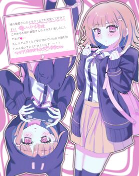 Rule 34 | 1girl, breasts, brown hair, brown skirt, collared shirt, commentary request, danganronpa (series), danganronpa 2: goodbye despair, flipped hair, hair ornament, handheld game console, highres, holding, holding handheld game console, hood, jacket, long sleeves, looking at viewer, medium hair, nanami chiaki, neck ribbon, open clothes, open jacket, pink bag, pink eyes, pink ribbon, pleated skirt, pout, ribbon, shirt, skirt, surumeika umasi, thighhighs, translation request, two-tone shirt, white shirt