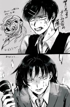 3girls :d absurdres anger_vein angry blazer blood blood_on_clothes blush collared_shirt crazy_eyes crazy_smile dress_shirt exhausted fake_blood furious futsuu_no_keion-bu greyscale hair_ornament hairpin halloween_costume hat hatono_chihiro head_back highres holding holding_microphone ink_1353 jacket kouyama_rin microphone monochrome multiple_girls nurse_cap official_alternate_costume official_alternate_hairstyle open_mouth parted_bangs sanpaku scene_reference school_uniform shaded_face shirt short_hair smile sweat sweater_vest translation_request tsuru_asaka upper_body