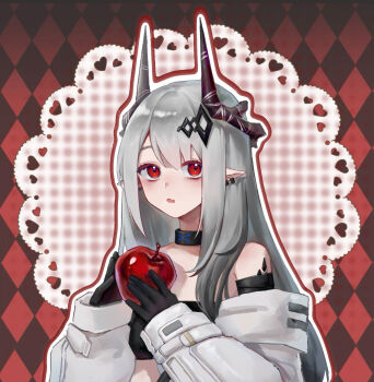 Rule 34 | 1girl, :o, apple, argyle background, arknights, asymmetrical horns, black gloves, black horns, chinese commentary, commentary request, doily, ear piercing, fang, food, fruit, gloves, grey hair, grey jacket, heart, highres, holding, holding food, holding fruit, horns, infection monitor (arknights), jacket, long hair, looking at viewer, material growth, mismatched horns, mudrock (arknights), mudrock (elite ii) (arknights), off shoulder, open mouth, oripathy lesion (arknights), outline, piercing, pointy ears, red eyes, red outline, skin fang, sleeves past wrists, solo, tianbiandeqinghaiyao, upper body, white outline