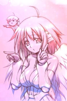 1boy 1girl :o ahoge angel angel_wings bare_shoulders breasts broken broken_chain chain chain_leash chibi chibi_inset cleavage collar collarbone commentary_request detached_sleeves highres ikaros index_fingers_raised large_breasts leash long_hair looking_at_viewer metal_collar monochrome navel official_artist_extra pink_theme robot_ears sakurai_tomoki sketch sora_no_otoshimono sparkling_daydream upper_body watanabe_yoshihiro wings