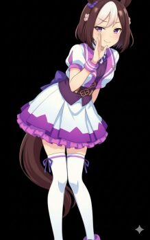 1girl animal_ears black_background bow breasts brown_hair brown_tail closed_mouth collared_shirt dot_nose ear_ornament female_focus grin highres horse_ears horse_girl horse_tail jacket kneehighs layered_skirt legs looking_at_viewer medium_hair miniskirt multicolored_hair neckerchief pleated_skirt puffy_short_sleeves puffy_sleeves purple_bow purple_eyes purple_neckerchief purple_vest purple_wrist_cuffs shirt shirt_under_vest short_sleeves simple_background skirt small_breasts smile smug socks solo solo_focus special_week_(special_dreamer)_(umamusume) special_week_(umamusume) streaked_hair tail thighhighs thighs two-tone_hair umamusume vest white_jacket white_shirt white_skirt white_streaks white_thighhighs wrist_cuffs zettai_ryouiki