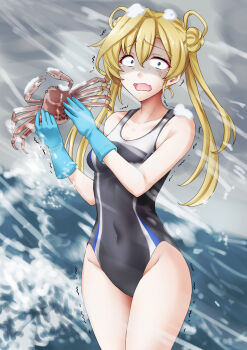 1girl abukuma_(kancolle) anti_(untea9) black_one-piece_swimsuit blizzard blonde_hair blue_eyes blue_gloves breasts breath cold commentary_request competition_swimsuit covered_navel double_bun gloves grey_sky hair_bun hair_rings highres kantai_collection long_hair looking_at_viewer one-piece_swimsuit rubber_gloves shaded_face sky small_breasts snow snow_crab solo swimsuit twintails