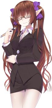 Rule 34 | 1girl, alternate costume, bespectacled, black-framed eyewear, breasts, brown hair, business suit, buttons, collared shirt, commentary request, cowboy shot, crote, formal clothes, glasses, hair between eyes, hair ribbon, hand up, highres, himekaidou hatate, holding, holding pen, large variant set, long hair, medium breasts, miniskirt, office lady, pale skin, pantyhose, pen, pencil skirt, pointy ears, purple ribbon, ribbon, semi-rimless eyewear, shirt, simple background, skirt, skirt suit, solo, standing, suit, touhou, transparent background, twintails, under-rim eyewear, variant set, very long hair, white pantyhose, white shirt, wing collar