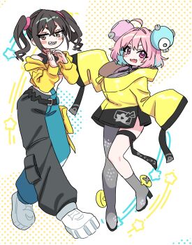 2girls absurdres aqua_hair aqua_pants belt black_belt black_jacket black_pants blush_stickers boots bow-shaped_hair breasts brown_eyes brown_hair canari_(pokemon) canari_(pokemon)_(cosplay) character_hair_ornament colored_inner_hair commentary_request cosplay fang full_body grey_boots grey_pantyhose grey_shirt grin hair_between_eyes hair_intakes hair_ornament highres idolmaster idolmaster_cinderella_girls idolmaster_cinderella_girls_starlight_stage iono_(pokemon) iono_(pokemon)_(cosplay) jacket large_breasts long_hair long_sleeves looking_at_viewer mole mole_under_eye multicolored_hair multicolored_jacket multiple_girls nintendo open_mouth pants pantyhose pink_eyes pink_hair pokemon pokemon_legends:_z-a pokemon_sv polka_dot polka_dot_background sharp_teeth shirt shoes single_leg_pantyhose skin_fang sleeves_past_fingers sleeves_past_wrists smile split-color_clothes star_(symbol) strapless sukoyaka_(100hituzi) sunazuka_akira teeth thigh_strap thighs tube_top twintails two-tone_hair two-tone_jacket white_background white_shoes yellow_jacket yellow_tube_top yumemi_riamu