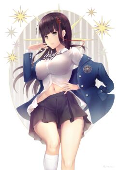 10s 1girl black_hair blunt_bangs blush breasts female_focus green_eyes hair_ornament highres large_breasts lips long_hair looking_at_viewer midriff mozuyun navel persona persona_5 school_uniform simple_background skirt smile sock solo thighs tougou_hifumi