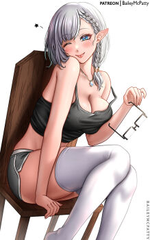 1girl baileymcpatty bare_shoulders beta_(kagejitsu) black_shorts black_tank_top blue_eyes breasts chair cleavage commentary dolphin_shorts elf english_commentary eyelashes glasses grey_hair highres holding holding_removed_eyewear jewelry kage_no_jitsuryokusha_ni_naritakute! large_breasts on_chair one_eye_closed pendant pointy_ears semi-rimless_eyewear shorts simple_background single_off_shoulder sitting solo spaghetti_strap tank_top thighhighs under-rim_eyewear unworn_eyewear white_background zettai_ryouiki