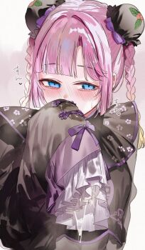 Rule 34 | 1girl, anyoji hime, black dress, blonde hair, blue eyes, blush, bow, braid, bun cover, chinese clothes, commentary request, cum, cum on clothes, cum string, dress, empty eyes, floral print, frilled sleeves, frills, gradient hair, hair bow, hair intakes, hasu no sora pop up shop china collection, highres, link! like! love live!, love live!, multicolored hair, orihi chihiro, pink hair, purple bow, sleeves past fingers, sleeves past wrists, smelling, smelling clothes, solo, sweat, twin braids