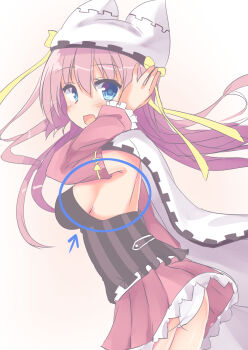 Rule 34 | 1girl, ass, black shirt, blush, bow, breasts, brown hair, cape, clothes lift, commentary request, cowboy shot, detached sleeves, eyes visible through hair, floating hair, frilled skirt, frilled sleeves, frills, from side, hair between eyes, hand up, hat, hat bow, hat ribbon, highres, impossible clothes, impossible shirt, large breasts, long hair, long sleeves, looking at viewer, magical girl, miniskirt, panties, pink skirt, pleated skirt, ribbon, sanoba witch, segaxtu, shiiba tsumugi, shirt, sideboob, simple background, skirt, skirt lift, sleeve bow, sleeveless, sleeveless shirt, solo, underwear, very long hair, white background, white cape, white panties, yellow bow, yellow ribbon