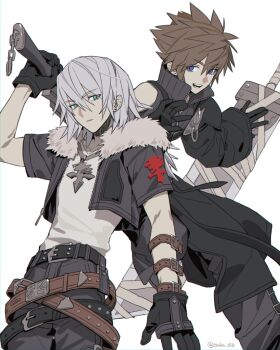 Rule 34 | 2boys, aqua eyes, arm belt, armor, belt, black belt, black cape, black gloves, black jacket, black pants, black sleeves, black vest, blue eyes, brown belt, brown hair, buster sword, cape, cloud strife, cloud strife (cosplay), cosplay, cropped jacket, earrings, fenrir (final fantasy), final fantasy, final fantasy vii, final fantasy vii: advent children, final fantasy viii, fur-trimmed jacket, fur trim, gloves, grey hair, gunblade, hair between eyes, highres, holding, holding weapon, jacket, jewelry, kingdom hearts, kingdom hearts ii, loose belt, male focus, medium hair, multiple belts, multiple boys, necklace, open mouth, over shoulder, pants, parted lips, pauldrons, popped collar, riku (kingdom hearts), shirt, short hair, short sleeves, shoulder armor, single bare shoulder, single earring, single pauldron, single sleeve, smile, sora (kingdom hearts), spiked hair, squall leonhart, squall leonhart (cosplay), tsuba 258, twitter username, vest, waist cape, weapon, weapon over shoulder, white background, white shirt