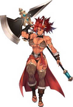 1girl 2025 armlet axe battle_axe belt black_panties blue_hair boots bra breasts brown_bra cape cleavage collar dark-skinned_female dark_skin eyebrows_hidden_by_hair feet female_focus fingerless_gloves flower full_body fur-trimmed_boots fur-trimmed_gloves fur_trim garter_belt garter_straps geldin_(monmusu_td) gloves gradient_background hair_flower hair_ornament highres horns huge_breasts huge_weapon jewelry lace_trim long_hair looking_at_viewer messy_hair monster_musume_td muscular muscular_female nail_polish official_art panties pink_nails ponytail red_cape red_eyes red_hair scar single_horn skindentation smile standing standing_on_one_leg stirrup_legwear thick_thighs thighs toeless_legwear toenail_polish toenails toes toned toned_female transparent_background underwear variant_set waist_cape weapon