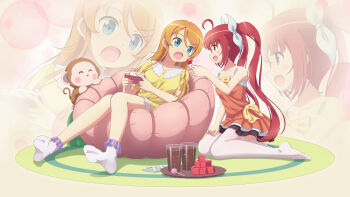 2girls absurdres ahoge bare_shoulders blue_eyes blush bow candy commentary controller date_a_live dress dress_bow drink english_commentary fang feeding food frilled_socks frills fruit game_controller hair_bow hair_ornament hairclip highres holding holding_controller holding_game_controller itsuka_kotori kousaka_kirino lollipop long_hair multiple_girls open_mouth orange_dress orange_hair ore_no_imouto_ga_konna_ni_kawaii_wake_ga_nai red_eyes scarletsky shirt socks thighhighs tray twintails voice_actor_connection watermelon white_bow white_socks white_thighhighs yellow_bow yellow_shirt