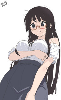 Rule 34 | 1girl, absurdres, akiyama mio, alternate costume, andreypavlow, arm under breasts, bare shoulders, bespectacled, black eyes, black hair, black skirt, blush, breasts, closed mouth, commentary, dated, english commentary, from below, glasses, highres, k-on!, long hair, looking at viewer, looking down, medium breasts, off-shoulder shirt, off shoulder, pencil skirt, red-framed eyewear, semi-rimless eyewear, shirt, shirt tucked in, simple background, skirt, solo, under-rim eyewear, very long hair, white background, white shirt