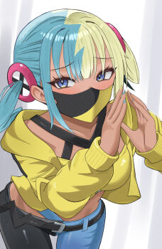 1girl bandeau belt black_belt blue_eyes canari_(pokemon) collarbone commentary_request cowboy_shot eyelashes hands_up highres jacket leaning_forward long_sleeves looking_at_viewer mask mouth_mask multicolored_hair nail_polish nintendo open_clothes open_jacket pants pokemon pokemon_legends:_z-a shimako_noru solo twintails yellow_bandeau yellow_jacket