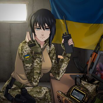 1girl absurdres akm assault_rifle belt black_hair blue_eyes bunker camouflage commission computer concrete digital_camouflage fingerless_gloves gloves gps gun gun_sling handgun highres holding holding_radio holding_walkie-talkie holster kalashnikov_rifle korzynka_persykiv laptop looking_at_viewer military military_base military_combat_uniform military_uniform original pants radio rifle russo-ukrainian_war ryougi_shiki serious short_hair ukraine ukrainian_flag ukrainian_ground_forces walkie-talkie war weapon