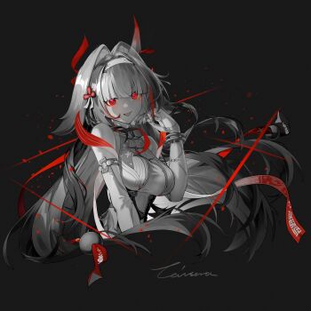 1girl absurdres animal_ear_fluff bare_shoulders breasts caisena chinese_commentary commentary_request dark_background fingernails floating_hair grey_background hair_flaps hair_intakes hair_ornament hairband hand_up highres large_breasts leotard limited_palette long_hair looking_at_viewer open_mouth red_eyes red_ribbon ribbon signature smile solo ye_shunguang zenless_zone_zero