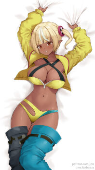 1girl artist_name bare_arms bed_sheet belt bikini black_pants blonde_hair blue_pants blunt_bangs blush breasts canari_(pokemon) canari_(pokemon)_(cosplay) cleavage clothes_pull collarbone cosplay criss-cross_halter cropped_jacket dark-skinned_female dark_skin from_above gluteal_fold halterneck highres hololive jacket jmc5221 large_breasts long_sleeves looking_at_viewer lying multicolored_hair navel nintendo on_back on_bed open_belt open_clothes open_fly open_jacket orange_eyes pants pants_pull parted_lips pointy_ears pokemon pokemon_legends:_z-a sheet_grab shiranui_flare short_hair short_twintails smile solo streaked_hair swimsuit thigh_gap twintails two-tone_hair two-tone_pants unzipped watermark web_address white_hair yellow_bikini yellow_jacket zipper_pull_tab