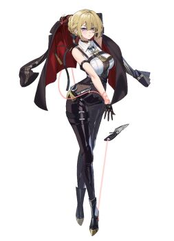 1girl arm_strap black_coat black_gloves black_pants blonde_hair chest_harness coat collared_shirt elbow_gloves evelyn_chevalier full_body gloves half_gloves harness high-waist_pants holding holding_coat holding_unworn_clothes kkyungkki knife latex_pants necktie pants purple_eyes ring_hair_ornament shirt single_elbow_glove single_half_glove string tight_clothes tight_pants unworn_coat white_background white_shirt yellow_necktie zenless_zone_zero