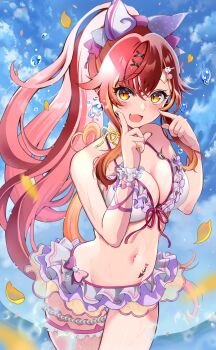 1girl :d bare_shoulders bikini bikini_skirt blue_sky blush bow breasts bubble cleavage cloud commentary_request cowboy_shot day falling_petals fang fish_tattoo frilled_bikini frilled_thigh_strap frilled_wrist_cuffs frills hair_bow hair_ornament hairclip heart heart_tail high_ponytail highres large_breasts long_hair looking_at_viewer mashimaro_tabetai navel nekota_tsuna nekota_tsuna_(vspo!_summer_2024) ocean open_mouth orange_eyes outdoors paw_hair_ornament petals ponytail red_hair single_wrist_cuff sky smile solo sparkle standing stomach stomach_tattoo swimsuit tail tattoo thigh_strap very_long_hair virtual_youtuber vspo! water_drop white_bikini white_bow white_wrist_cuffs wrist_cuffs x_hair_ornament yellow_petals
