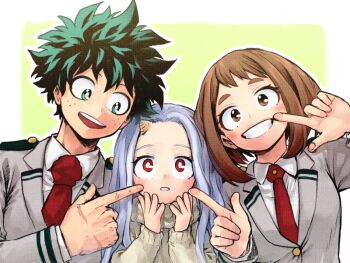 1boy 2girls boku_no_hero_academia border breasts brown_eyes brown_hair cheek_poking collared_shirt eri_(boku_no_hero_academia) freckles green_eyes green_hair grey_hair grey_jacket grey_sweater grin hands_on_own_cheeks hands_on_own_face hk_(nt) horns jacket light_blush long_hair looking_at_another medium_breasts medium_hair midoriya_izuku multiple_girls necktie open_mouth parted_lips poking red_eyes red_necktie school_uniform shirt short_hair single_horn smile sweater teeth thick_eyebrows turtleneck turtleneck_sweater u.a._school_uniform upper_body uraraka_ochako white_border white_shirt yellow_background