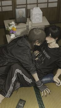 2boys absurdres after_kiss arm_warmers band_shirt black_eyes black_hair black_hoodie black_nails black_pants black_shirt bracelet brown_hair cellphone earrings emo_fashion flower hand_on_another&#039;s_chest highres hirota_tsuu hood hood_down hoodie jewelry male_focus medium_hair merchandise multiple_boys multiple_earrings multiple_rings original pants phone ring saliva saliva_trail shirt short_hair short_sleeves sleeves_pushed_up smartphone sweatpants the_blue_hearts urn vase wolf_cut yaoi