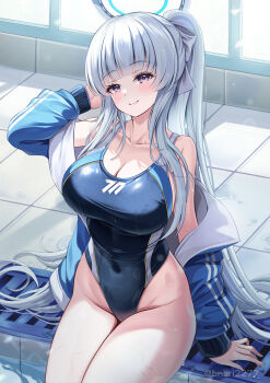 1girl absurdres alternate_costume bare_shoulders blue_archive blue_jacket blue_one-piece_swimsuit blush bnari breasts cleavage closed_mouth collarbone commentary_request covered_navel grey_hair hand_up high_ponytail highleg highleg_one-piece_swimsuit highres jacket large_breasts long_hair looking_at_viewer noa_(blue_archive) one-piece_swimsuit ponytail purple_eyes smile solo swimsuit track_jacket twitter_username very_long_hair wet