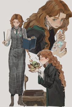 1girl bag black_robe blue_eyes book candy closed_eyes collared_shirt floating floating_book floating_object food green_necktie grey_skirt grey_vest gynger_edventray_(hiiragimare) heart hiiragimare hogwarts_legacy hogwarts_school_uniform holding holding_bag holding_candy holding_food holding_plant holding_wand hooded_robe long_hair long_skirt looking_at_object multiple_views necktie open_mouth original plant red_hair robe school_uniform shirt simple_background skirt slytherin smile vest wand white_background white_shirt wizarding_world
