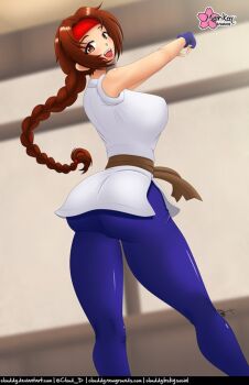 1girl ass braid braided_ponytail breasts brown_eyes brown_hair cloud_d dougi female_focus from_behind hairband huge_ass huge_breasts karate_gi large_breasts leggings long_hair looking_at_viewer looking_back open_mouth pants skin_tight skirt smile smiley_face spandex standing the_king_of_fighters thick_thighs thighs toned toned_female yoga_pants yuri_sakazaki