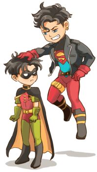 2boys belt black_hair blue_eyes bodysuit boots cape dc_comics domino_mask earrings eye_mask flying gloves grin hand_on_another's_head imo_(ume_syrop) jacket jewelry jika-tabi kon-el leather leather_jacket male_focus mask multiple_boys robin_(dc) ruffling_hair s_shield simple_background smile split-toe_footwear superboy thigh_strap tim_drake young_justice