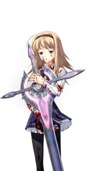 1girl ahoge amputee black_hairband black_pantyhose blonde_hair blood blood_on_clothes blood_on_face bow bowtie breasts chaos;head d-sword dress_shirt empty_eyes exhausted game_cg hairband holding holding_sword holding_weapon huge_weapon hugging_object long_sleeves matsuo_yukihiro miniskirt missing_hand narrowed_eyes nishijou_nanami no_jacket non-web_source official_art open_collar open_mouth pantyhose petticoat plaid_bow plaid_bowtie plaid_clothes plaid_skirt purple_bow purple_bowtie purple_eyes purple_skirt school_uniform science_adventure severed_hand shirt skirt small_breasts solo spoilers sprite suimei_academy_school_uniform swept_bangs sword torn_clothes torn_skirt transparent_background weapon white_shirt winter_uniform