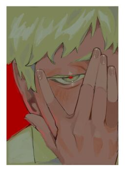 1boy absurdres blush border fingernails hand_on_own_face highres hikaru_ga_shinda_natsu indou_hikaru looking_at_viewer male_focus peeking_through_fingers red_background red_pupils shirt short_eyebrows short_hair solo white_border white_hair white_shirt xiutsuki