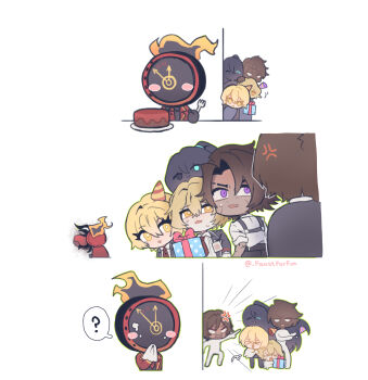 1other 2girls 3boys absurdres black_shirt blush_stickers cake chest_harness clock coat collared_shirt commentary dante_(limbus_company) dated_commentary don_quixote_(project_moon) eating flaming_head food gift hands_up harness heathcliff_(project_moon) highres holding holding_gift hong_lu_(project_moon) id_card lapels limbus_company multiple_boys multiple_girls necktie notched_lapels object_head open_mouth outis_(project_moon) party_popper peeking_out project_moon purple_eyes red_coat red_necktie scar scar_on_face schw3iss_b shirt sinclair_(project_moon) skirt white_background white_shirt