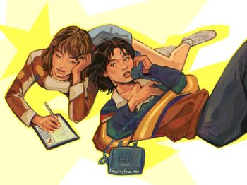 2girls black_hair blue_shorts bob_cut brown_hair corded_phone drawing_(object) full_body hand_on_own_chin head_on_another&#039;s_shoulder head_rest highres holding holding_phone ji-yeong kang_sae-byeok knees_up lying multiple_girls on_stomach phone short_hair shorts skyfree_art squid_game sweater talking_on_phone yuri