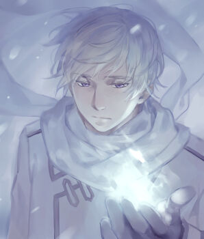 1boy axis_powers_hetalia black_gloves closed_mouth coat collared_coat commentary_request floating_clothes gloves grey_background grey_coat half-closed_eyes hand_up kanmuri_(hanyifan30338) lips long_sleeves looking_down male_focus purple_eyes russia_(hetalia) scarf short_hair simple_background snowing solo white_hair white_scarf