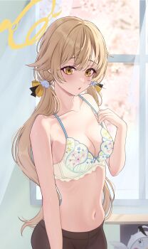 1girl absurdres black_pantyhose blonde_hair blue_archive blush bra breasts byakko_0410 cleavage commentary_request floral_print_bra halo hifumi_(blue_archive) highres long_hair looking_at_viewer medium_breasts navel open_mouth pantyhose solo stomach underwear white_bra yellow_eyes yellow_halo