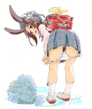1girl animal_ears ass azur_lane backpack bag bent_over brown_hair commentary_request convenient_censoring female_focus fish grey_skirt hat i-26_(azur_lane) kneehighs kneepits legs loli looking_at_viewer makinon_tm no_tail open_mouth panties panty_pull plaid_clothes plaid_skirt presenting propeller pulling_own_clothes rabbit_ears randoseru red_eyes school_uniform shirt shoes short_hair sketch skirt smile socks solo underwear undressing white_panties white_shirt white_socks