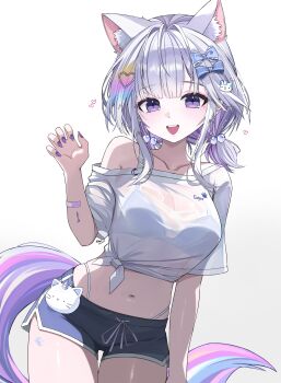 Rule 34 | 1girl, absurdres, animal ears, ayatsuno yuni, bikini, bikini under clothes, black shorts, bow, breasts, cat girl, commentary, cowboy shot, crop top, dolphin shorts, drawstring, hair bow, hand up, highres, kkato, large breasts, long hair, looking at viewer, midriff, multicolored hair, nail polish, navel, off shoulder, open mouth, ponytail, purple eyes, purple hair, purple nails, shirt, short ponytail, short shorts, shorts, side-tie shirt, simple background, single bare shoulder, smile, solo, stellive, stomach, string bikini, swimsuit, two-tone hair, virtual youtuber, white background, white bikini, white hair, white shirt