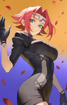 1girl black_bodysuit black_gloves blue_eyes bodysuit breasts code_geass cowboy_shot falling_petals forehead_protector gloves gradient_background highres iamc95 kouzuki_kallen looking_at_viewer medium_breasts parted_bangs petals red_hair smile solo