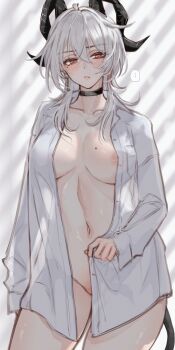 ... 1girl absurdres areola_slip black_choker black_horns black_tail blush breasts breasts_apart choker closed_mouth collarbone collared_shirt commentary_request cowboy_shot curled_horns earrings hair_between_eyes highres horns jewelry key_earrings large_breasts linea_alba long_hair long_sleeves looking_at_viewer mole mole_on_breast mole_under_eye multicolored_hair naked_shirt navel open_clothes open_shirt red_eyes root_(050710root) shirt solo spoken_ellipsis stomach streaked_hair tail thighs white_shirt wuthering_waves zani_(wuthering_waves)