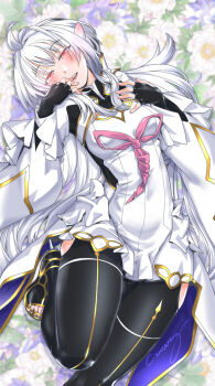1girl ahoge black_leotard blush breasts dress fate/grand_order fate_(series) fingerless_gloves flower gloves kamotama lady_avalon_(fate) lady_avalon_(first_ascension)_(fate) leotard long_hair long_sleeves looking_at_viewer lying medium_breasts merlin_(fate/prototype) on_back parted_lips pink_eyes signature solo very_long_hair white_dress white_hair