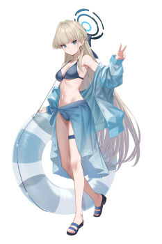 1girl bikini blonde_hair blue_archive blue_bikini blue_bow blue_eyes blue_jacket blue_sarong bow braid breasts crown_braid hair_bow halo innertube jacket koisuke long_hair medium_breasts navel off-shoulder_jacket off_shoulder open_clothes open_jacket sandals sarong solo standing swim_ring swimsuit thigh_strap toki_(blue_archive) v white_background
