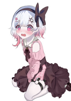 Rule 34 | 1girl, bare shoulders, between legs, blush, bow, bow hairband, brooch, brown bow, brown hairband, brown ribbon, brown shoes, brown skirt, center-flap bangs, clothing cutout, commentary request, cross-laced clothes, cross-laced sleeves, double-parted bangs, embarrassed, frilled skirt, frilled sleeves, frills, full body, garter straps, gradient hair, hair ornament, hairband, hanahana 201215, hand between legs, highres, jewelry, jirai kei, juliet sleeves, long sleeves, looking at viewer, mahou shoujo no majo saiban, miniskirt, multicolored hair, neck ribbon, nose blush, o-ring, o-ring thigh strap, official alternate costume, open mouth, pale skin, pantyhose, pink eyes, pink hair, pink shirt, plaid clothes, plaid skirt, puffy sleeves, ribbon, sailor collar, sakuraba ema, shirt, shoes, short hair, shoulder cutout, simple background, sitting, skindentation, skirt, solo, thigh strap, two-tone hair, two-tone skirt, wariza, white background, white hair, white pantyhose, white sailor collar, wide-eyed, x hair ornament