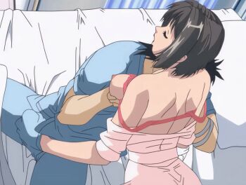 00s 1boy 1girl 2004 animated animated_gif anime_screenshot ass ass_shake bandages bed bible_black bible_black_new_testament bra breast_sucking breasts brown_hair closed_eyes earrings forced grabbing_another&#039;s_breast groping handjob harada_eri hetero hospital hospital_bed huge_ass jewelry large_breasts lips moaning nipple_stimulation nipples nurse oshima_takeshi patient saliva shin_bible_black shiny_skin short_hair tagme torn_clothes underwear