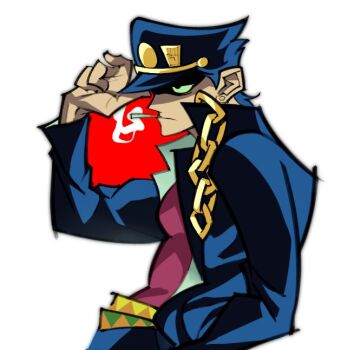 Rule 34 | 1boy, adjusting clothes, adjusting headwear, blue coat, chain, cigarette, coat, commentary request, gakuran, hat, jojo no kimyou na bouken, korean commentary, kuujou joutarou, male focus, pink shirt, plum (ms8748), school uniform, shirt, smoke, solo, solo focus, stardust crusaders, white background